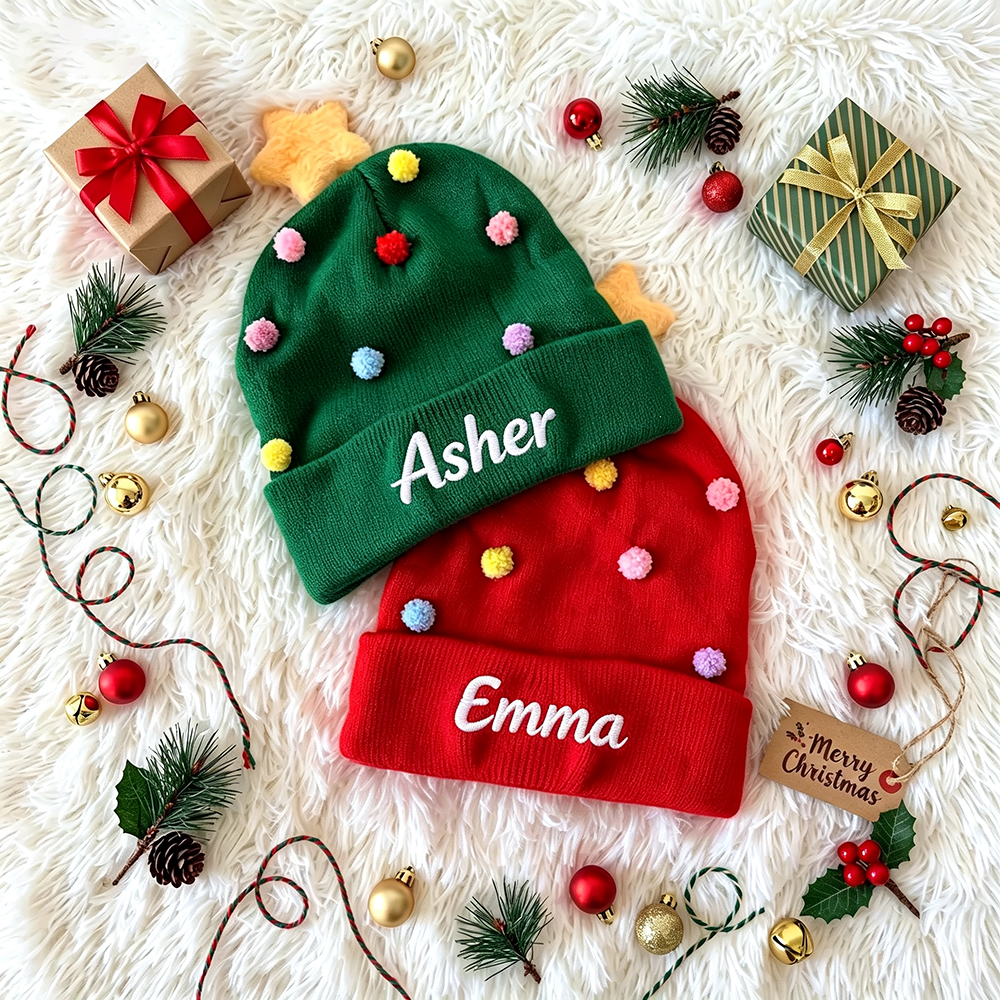 Personalized Embroidery Christmas Pom Pom Beanie For Kids | MCGift416