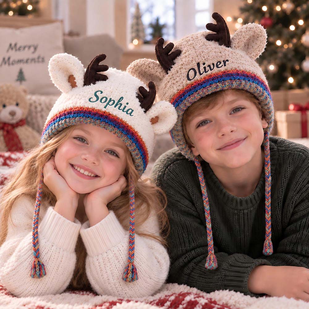 Personalized Embroidered Kids Christmas Reindeer Winter Hat | HSKid106