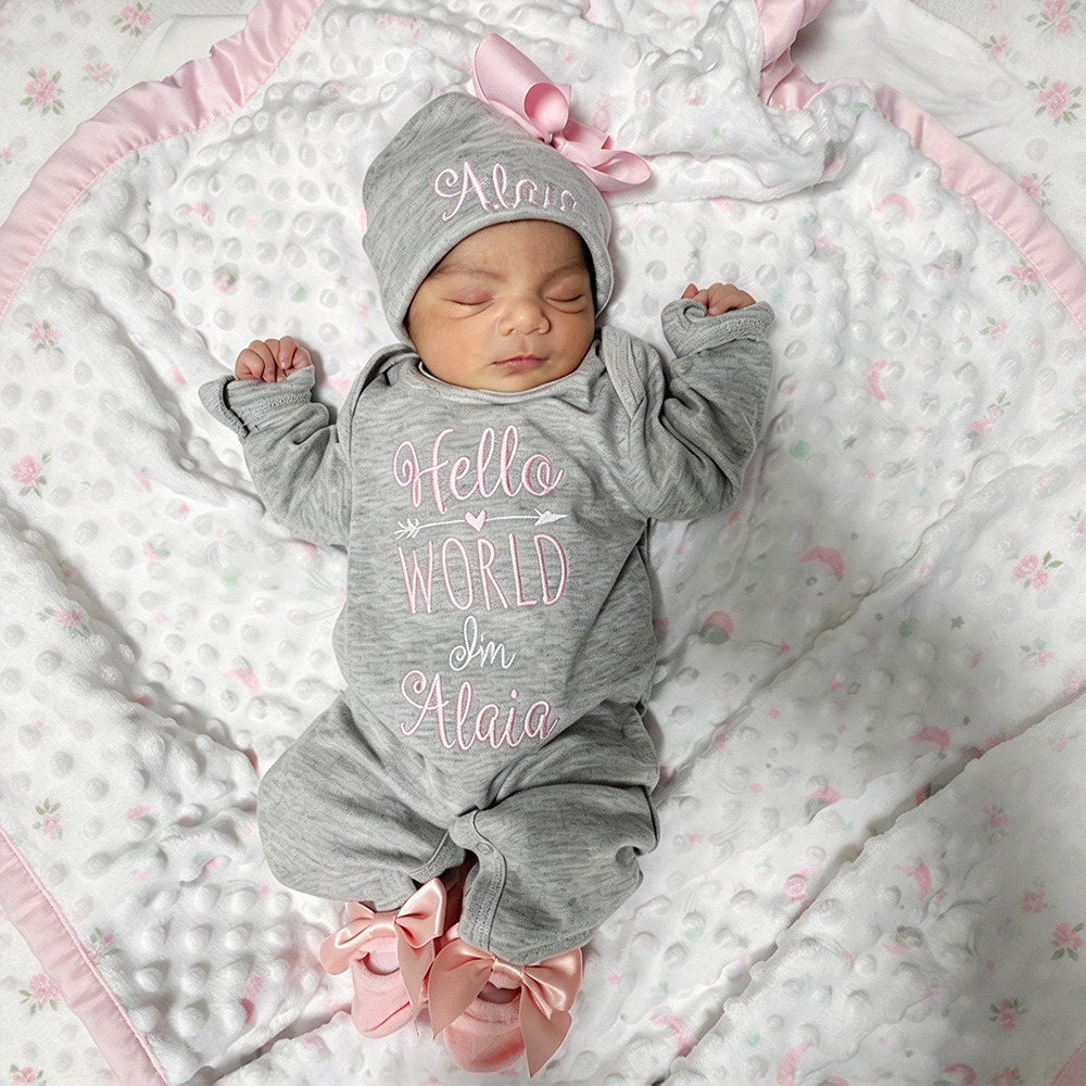 Personalized Embroidery Baby Girl Coming Home Romper and Hat Set | CWBaby425