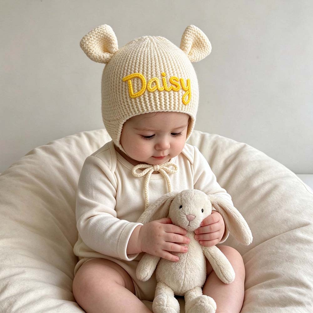 Personalized Hand Embroidered Bear Ears Baby Knit Beanie Hat | CWBaby563