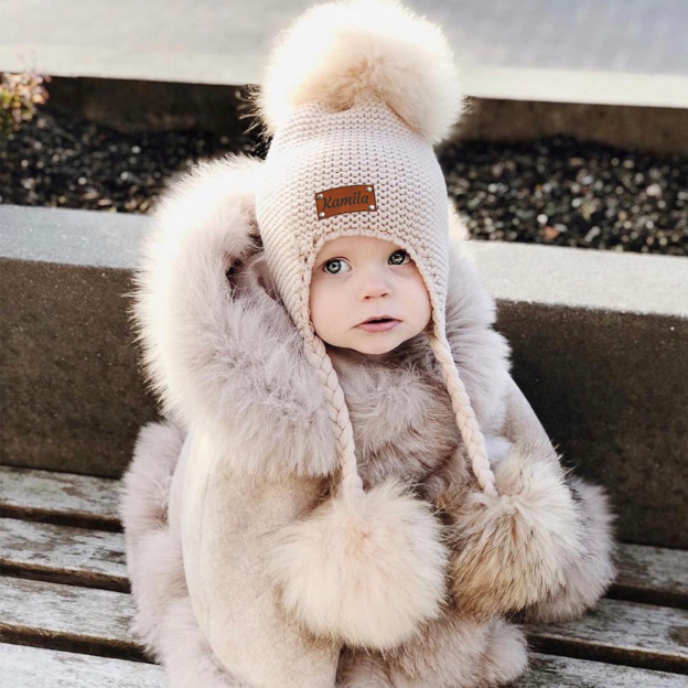 Personalized Leather Patch  Pom Pom Knit Hat With Tassels | HSKid46