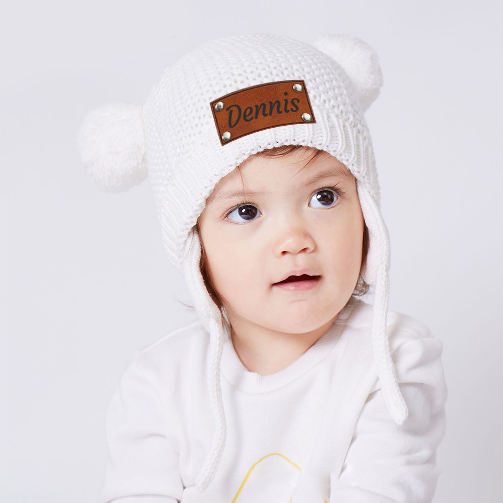 Personalized Leather Patch Pom Pom Knit Hat With Tassels | HSKid50