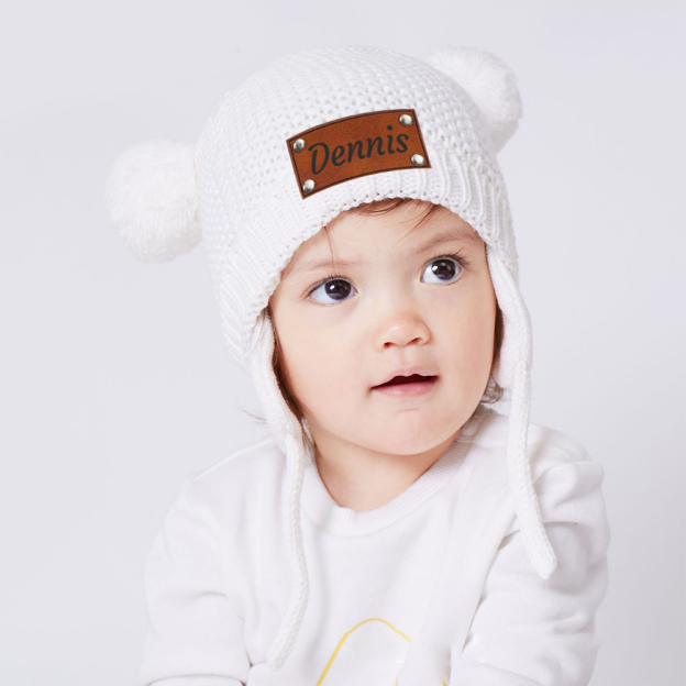 Personalized Leather Patch Pom Pom Knit Hat With Tassels | HSKid50