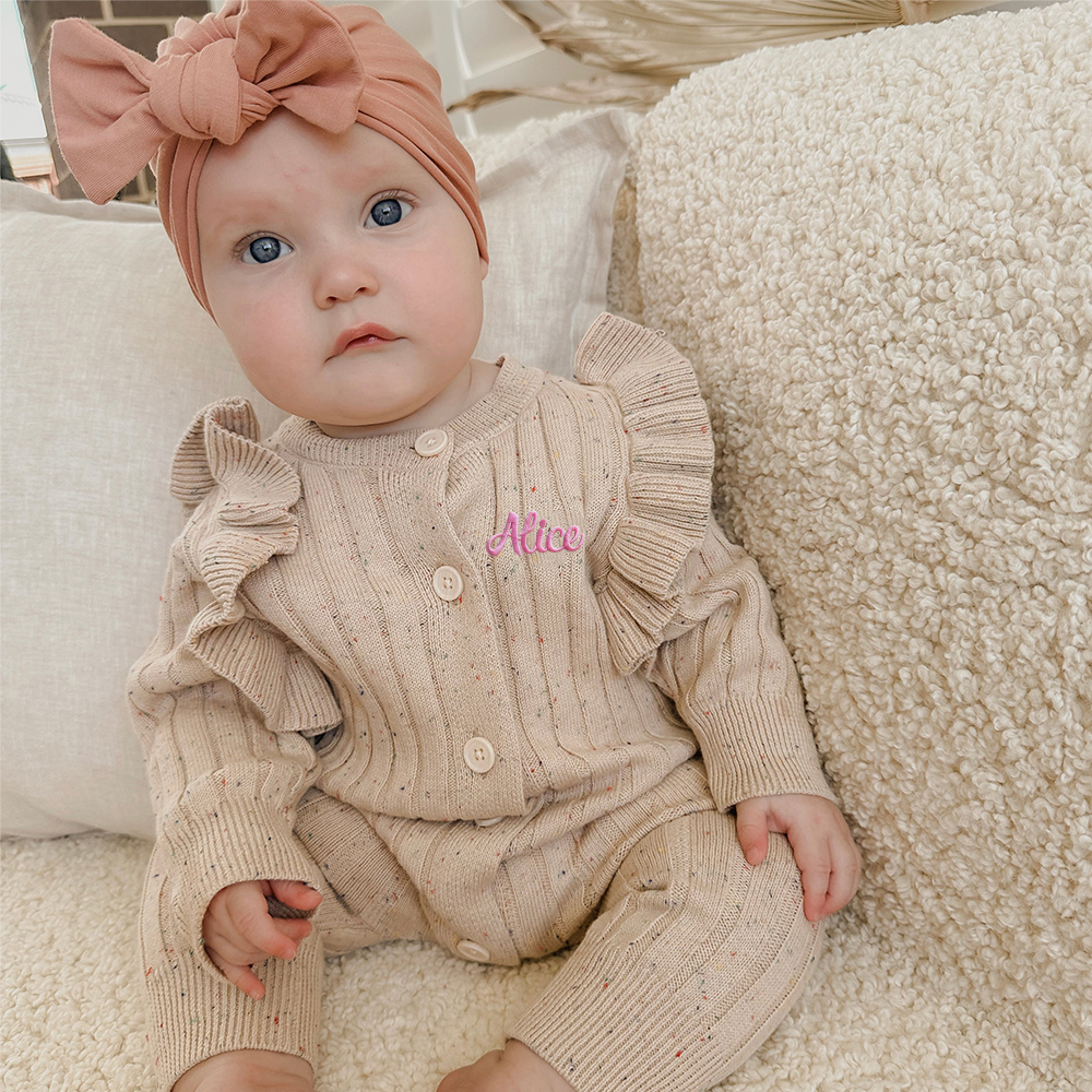 Personalised Embroidery Baby Ruffle Knit Romper | CWBaby149