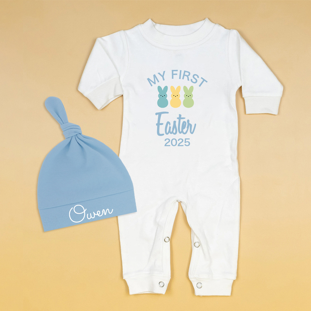 Personalized Baby Lovely First Easter Ropmer and Hat Set | CWBaby181