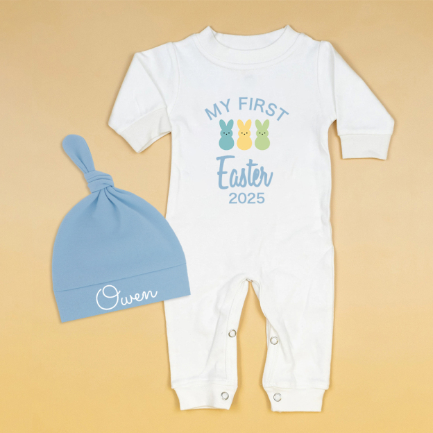 Personalized Baby Lovely First Easter Ropmer and Hat Set | CWBaby181