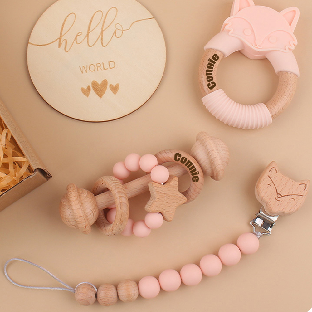 Personalized Baby Wooden Fox Pacifier Clip 4 Pcs Gift Set | CWBaby113