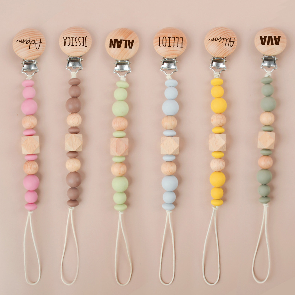 Personalized Baby Pacifier Silicone Wooden Bead Clip | CWBaby115