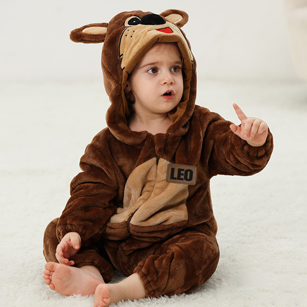 Personalized Leather Patch Baby Animal Warm Onesie  | CWBaby284