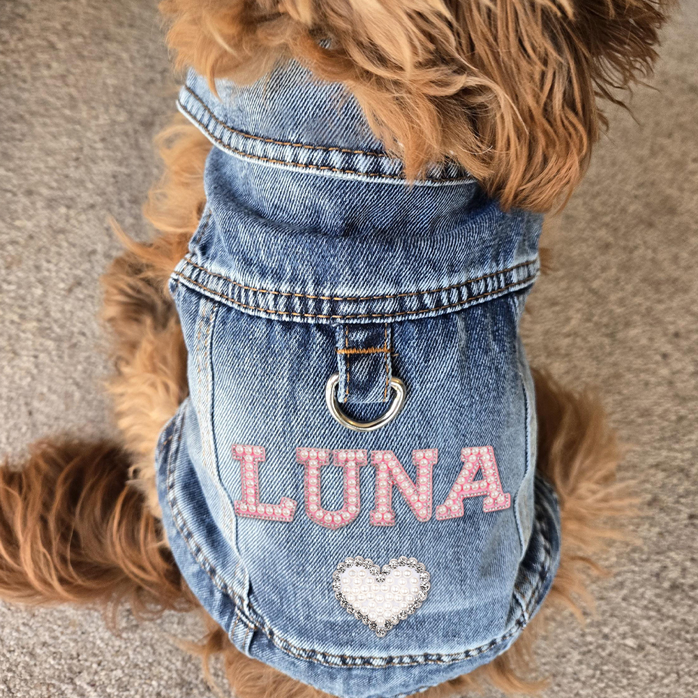 Personalized Handmade Pearl Patch Pets Denim Jacket | BKPet2602