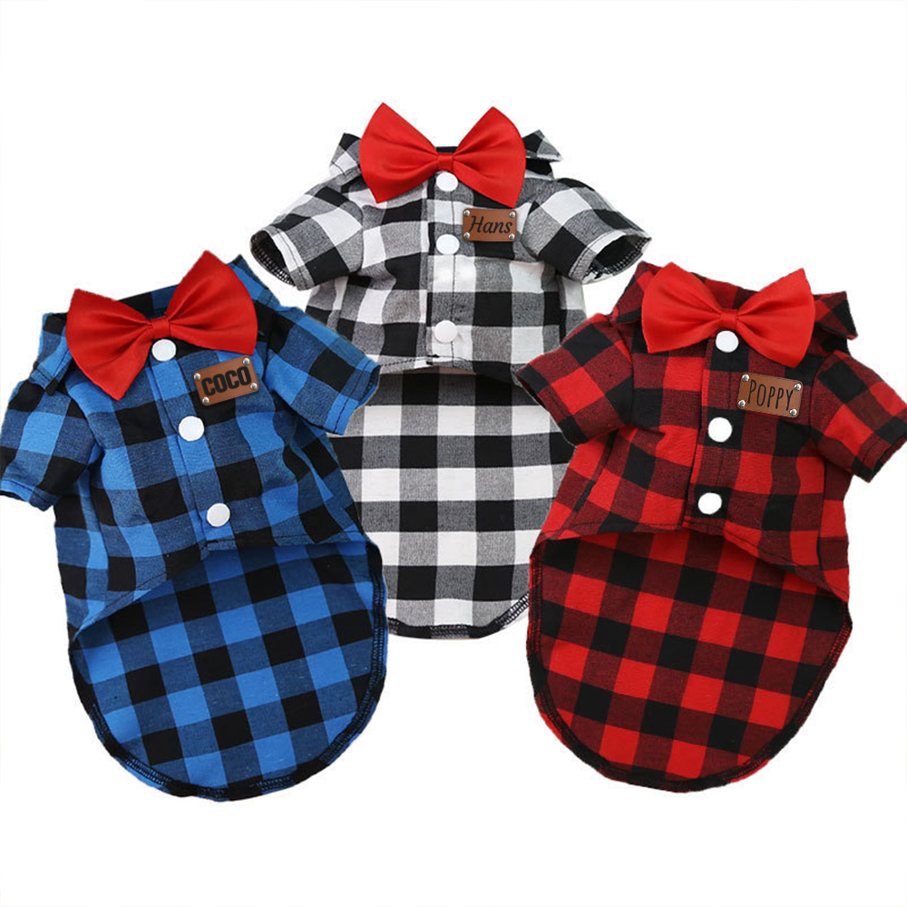 Personalized Pet Leather Patch Grid Patterned Necktie Shirt | BKPet224
