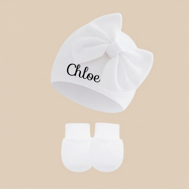 Personalized Newborn Coming Home Bow Beanie And Gloves Set | HSKid62