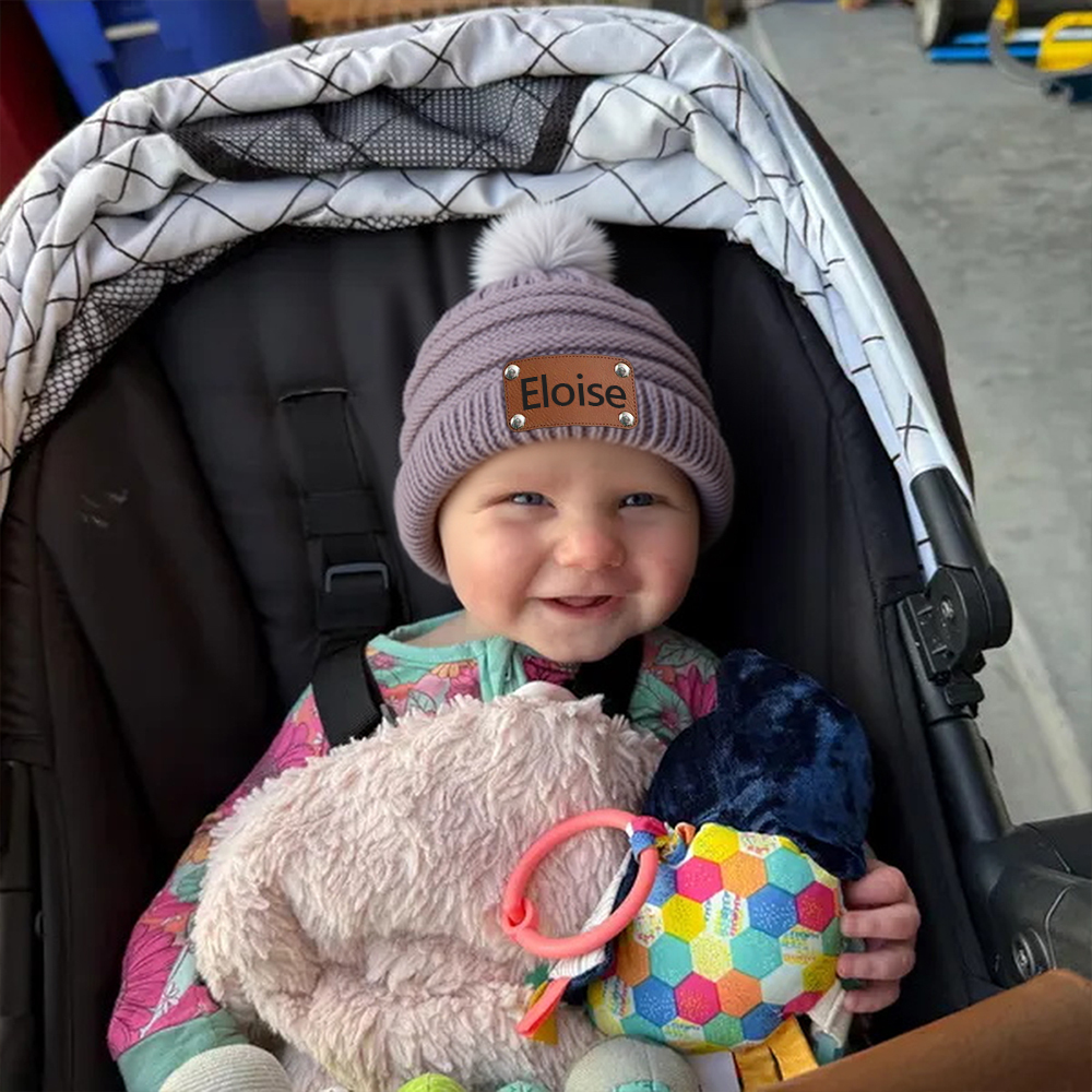 Personalized Leather Patch Kid Colorful Pom Pom Hat | HSKid63