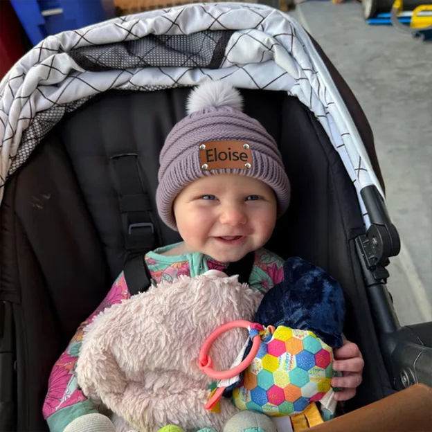 Personalized Leather Patch Kid Colorful Pom Pom Hat | HSKid63