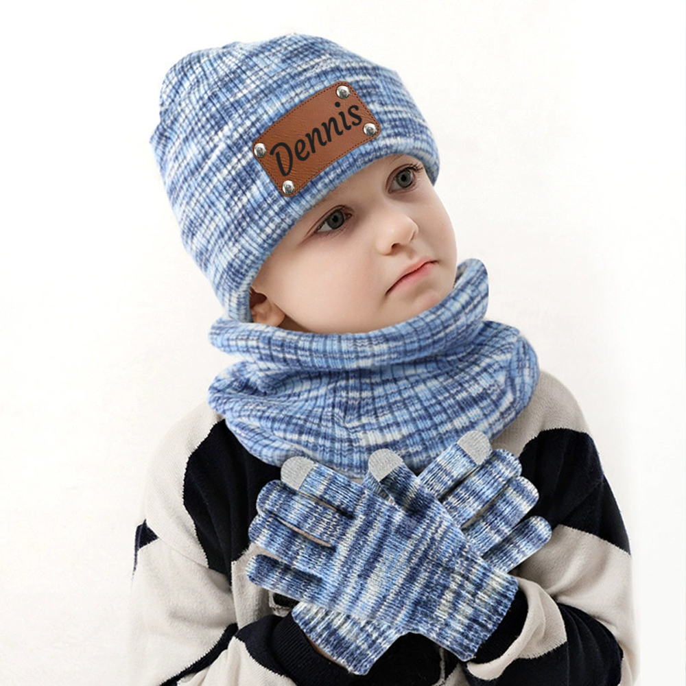 Personalized Leather Patch Kid Winter Hat Glove Scarf Set | HSKid69