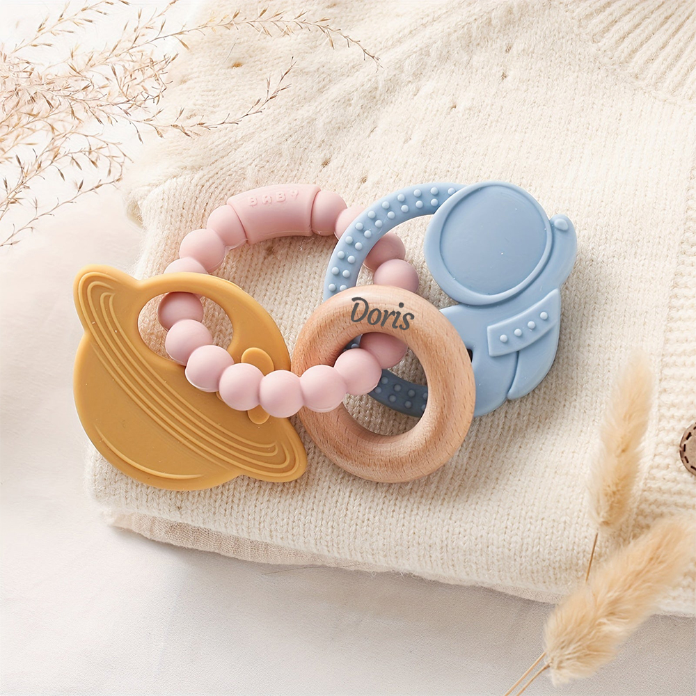 Personalised Baby Food Silicone & Wooden Sensory Teething Ring | CWToy162