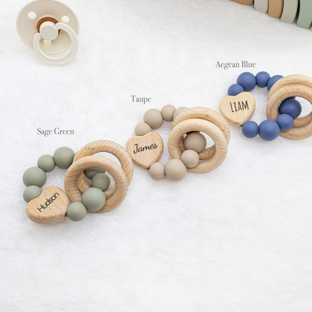Personalized Baby Sensory Silicone Wooden Toy Ring | CWToy169