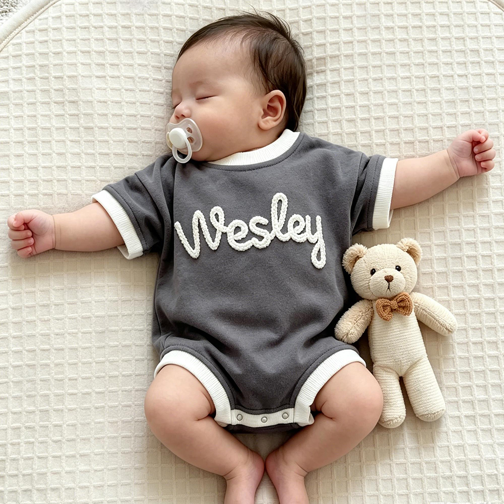 Personalized Hand Embroidered Short Sleeve Baby Bubble Romper | CWBaby503