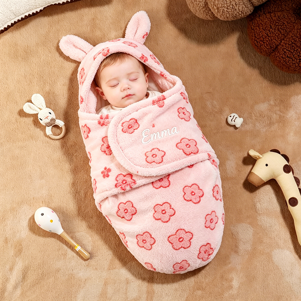 Personalized Baby Flannel Bunny Ear Swaddle Wrap | CWBaby507