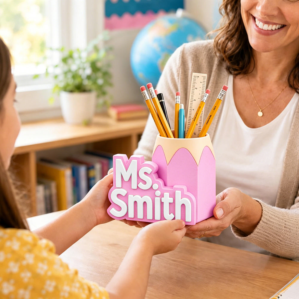 Personalized 3D Printed Teacher Pen Cup and Name Stand | CWTeach14