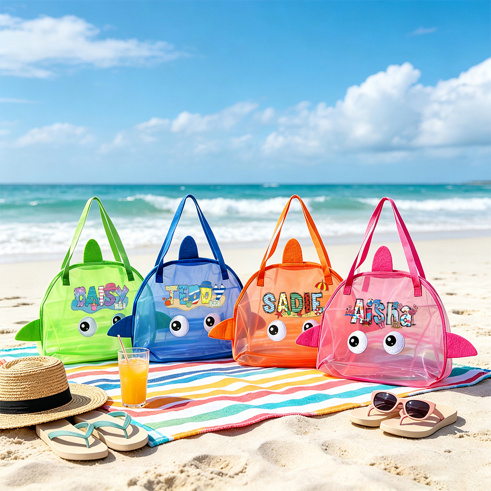 Personalized Adorable Shark Seashell Zipper Mesh Beach Bag | CWBeach262
