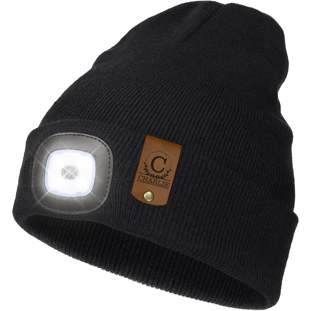 Personalized Kids Leather Tag Beanie with Headlamp | HSKid32