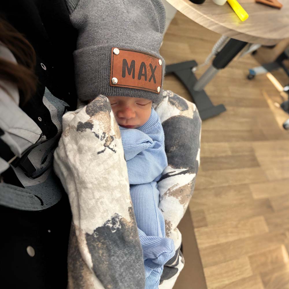 Personalized Leather Patch Kid Beanie Hat With Bear Ears | HSKid92