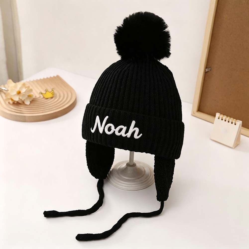 Personalized Embroidered Kids Winter Hat With Ear Flaps & Pom Pom | HSKid93