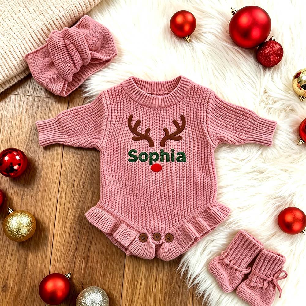Personalized Embroidered Reindeer Baby Romper Set With Bow Headband & Socks | MCGift388
