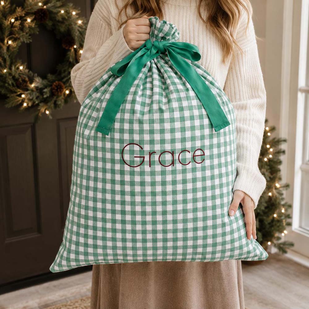 Personalized Embroidered Gingham Santa Gift Bag | MCGift391