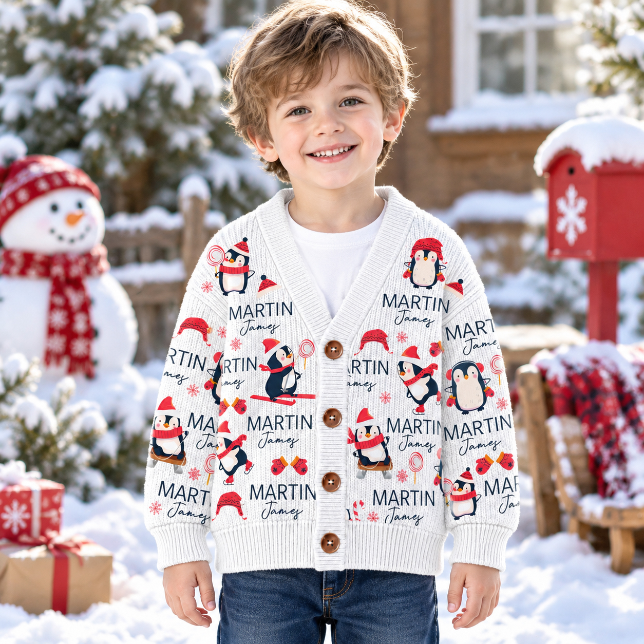 Personalized Lovely Kids Christmas Penguin Knit Sweater | CWSweater14