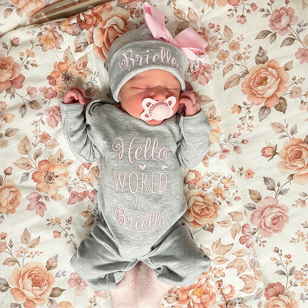 Personalized Embroidery Baby Girl Coming Home Romper and Hat Set | CWBaby425