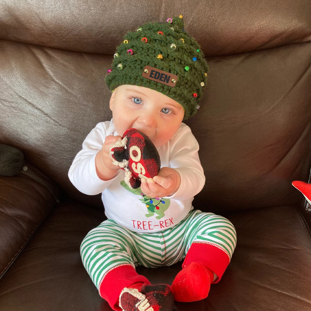 Personalized Leather Patch Christmas Tree Crochet Hat | MCGift51