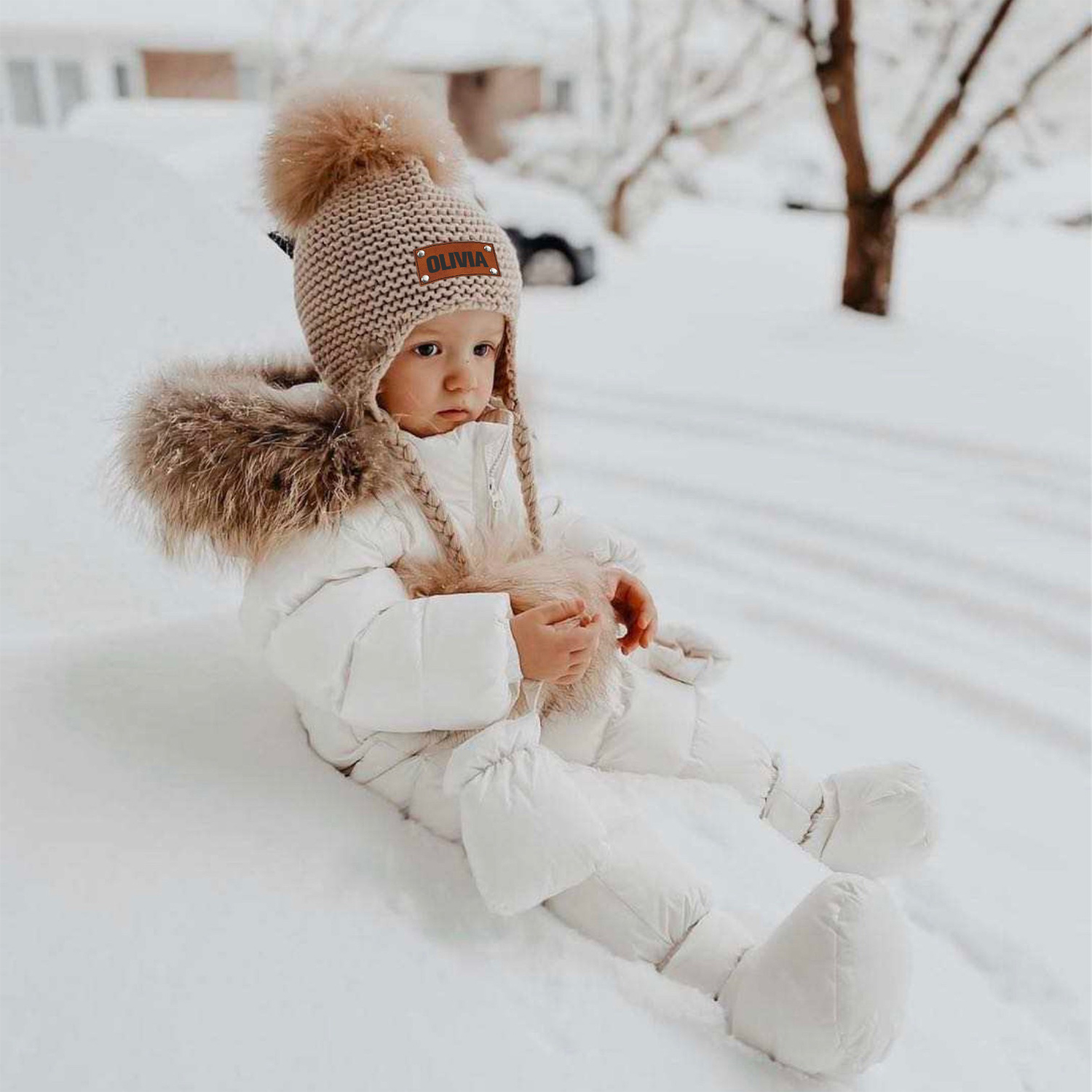 Personalized Leather Patch  Pom Pom Knit Hat With Tassels | HSKid46