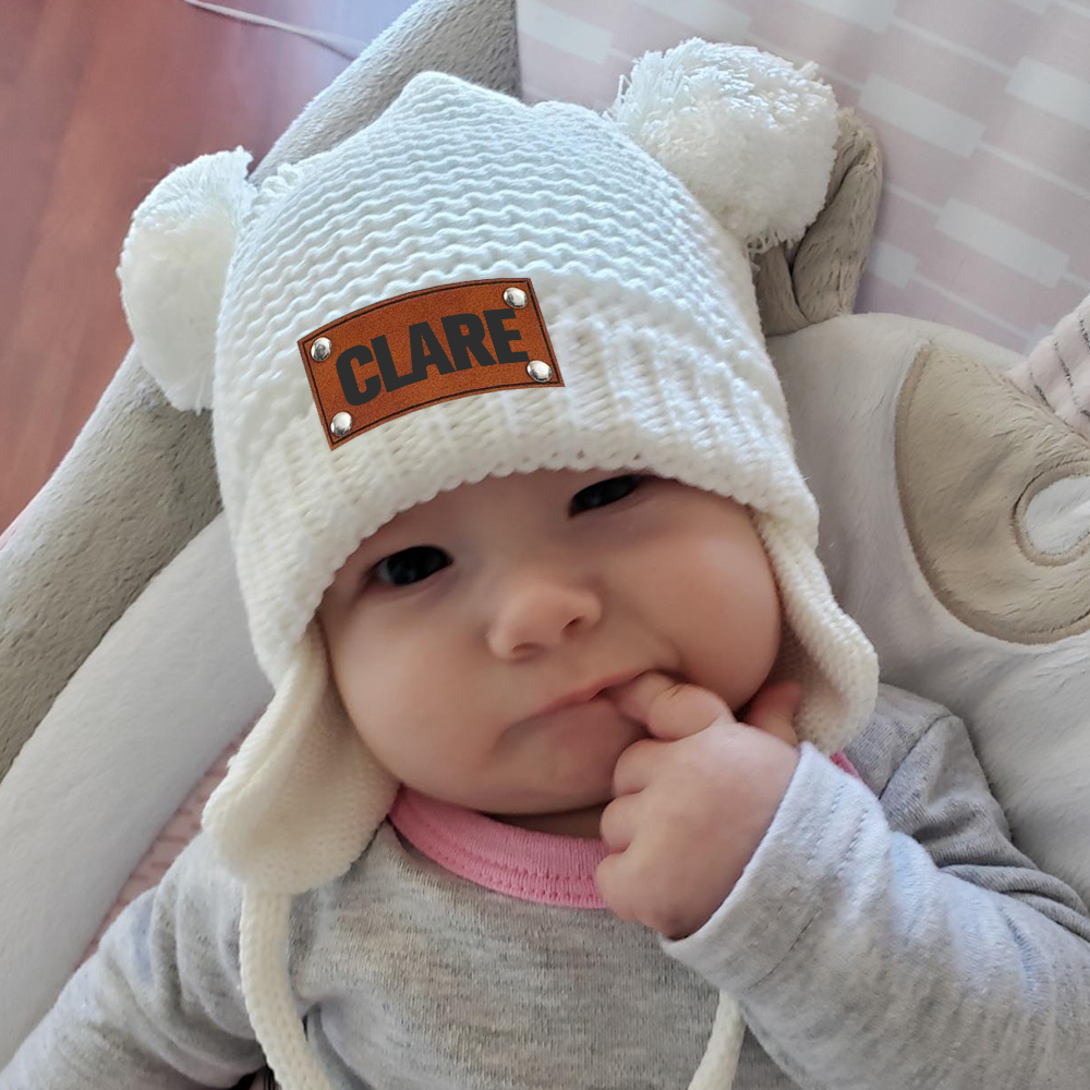 Personalized Leather Patch Pom Pom Knit Hat With Tassels | HSKid50