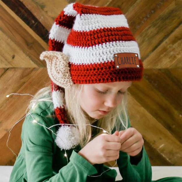 Personalized Crochet Leather Patch Christmas Elf Hat With Ears | MCGift70