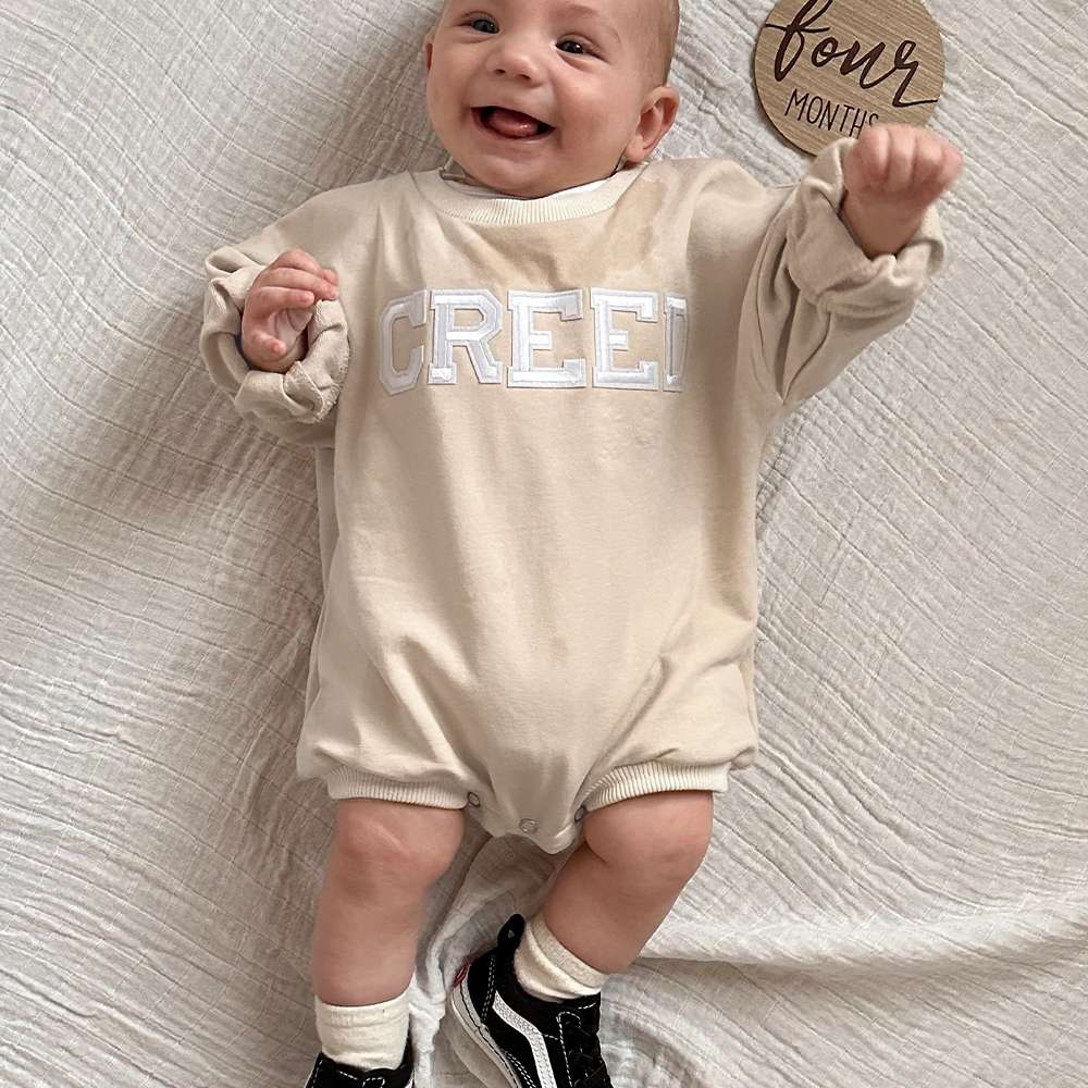 Personalized Letter Patch Neutral Baby Sweatshirt Romper | CWBaby114