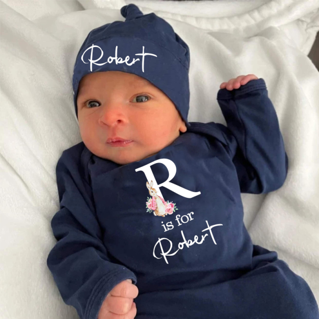 Personalized Cozy Newborn Easter Gown with Knotted Hat | CWbaby39