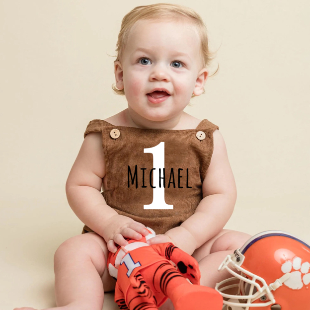 Personalized Baby First Birthday Suspender Triangle Jumpsuit Romper | CWBaby143