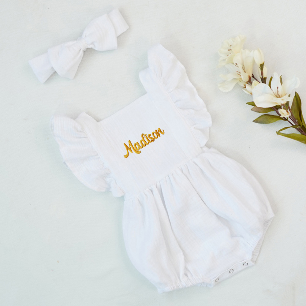 Personalized Embroidery Baby Organic Cotton Muslin Romper with Bow | inRomper35