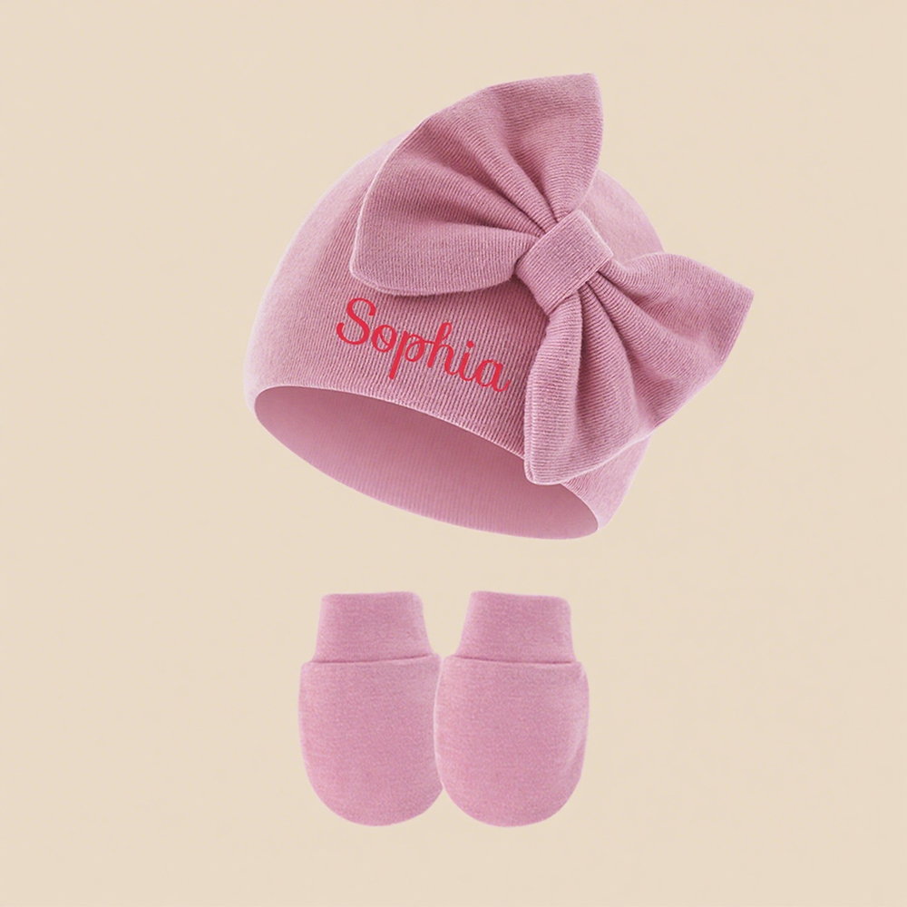 Personalized Newborn Coming Home Bow Beanie And Gloves Set | HSKid62