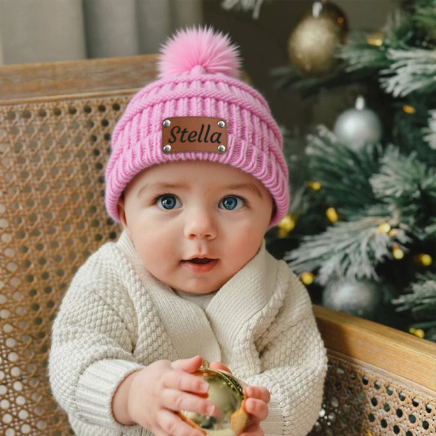 Personalized Leather Patch Kid Colorful Pom Pom Hat | HSKid63