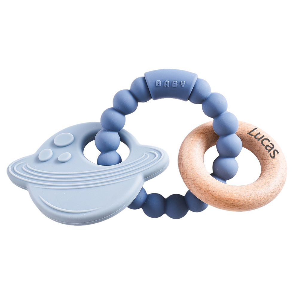 Personalised Baby Food Silicone & Wooden Sensory Teething Ring | CWToy162