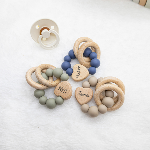 Personalized Baby Sensory Silicone Wooden Toy Ring | CWToy169