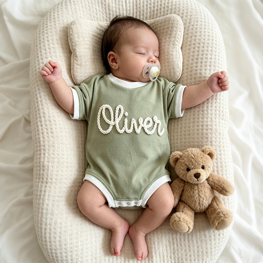 Personalized Hand Embroidered Short Sleeve Baby Bubble Romper | CWBaby503