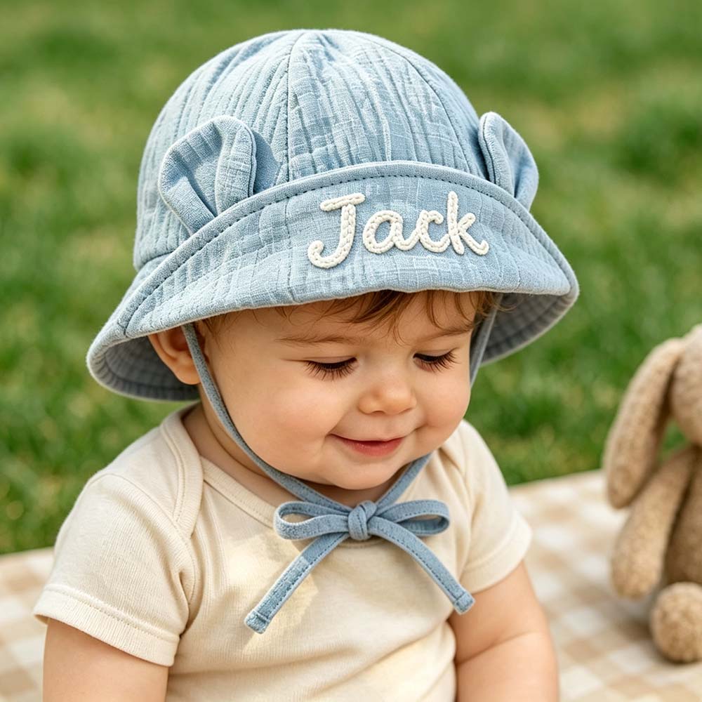 Personalized Hand Embroidered Baby Summer Hat With Ears | CWBeach266