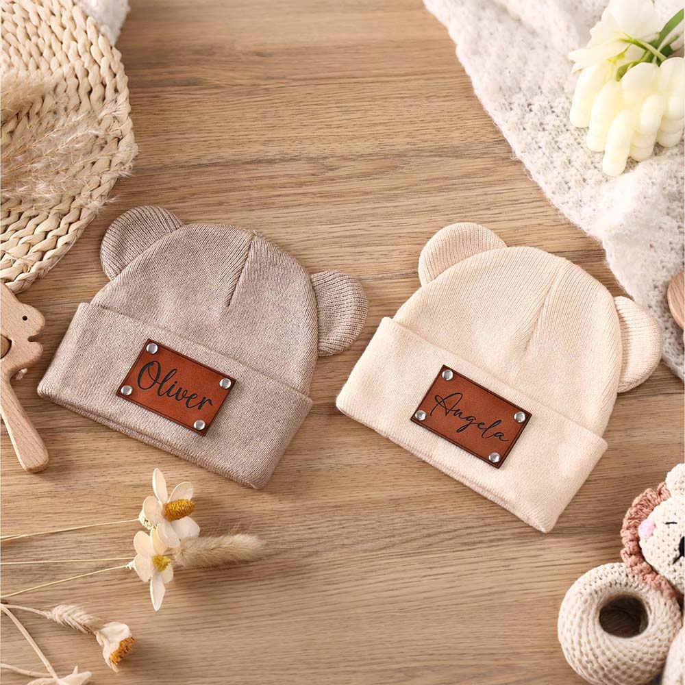 Personalized Leather Patch Kid Beanie Hat With Bear Ears | HSKid92