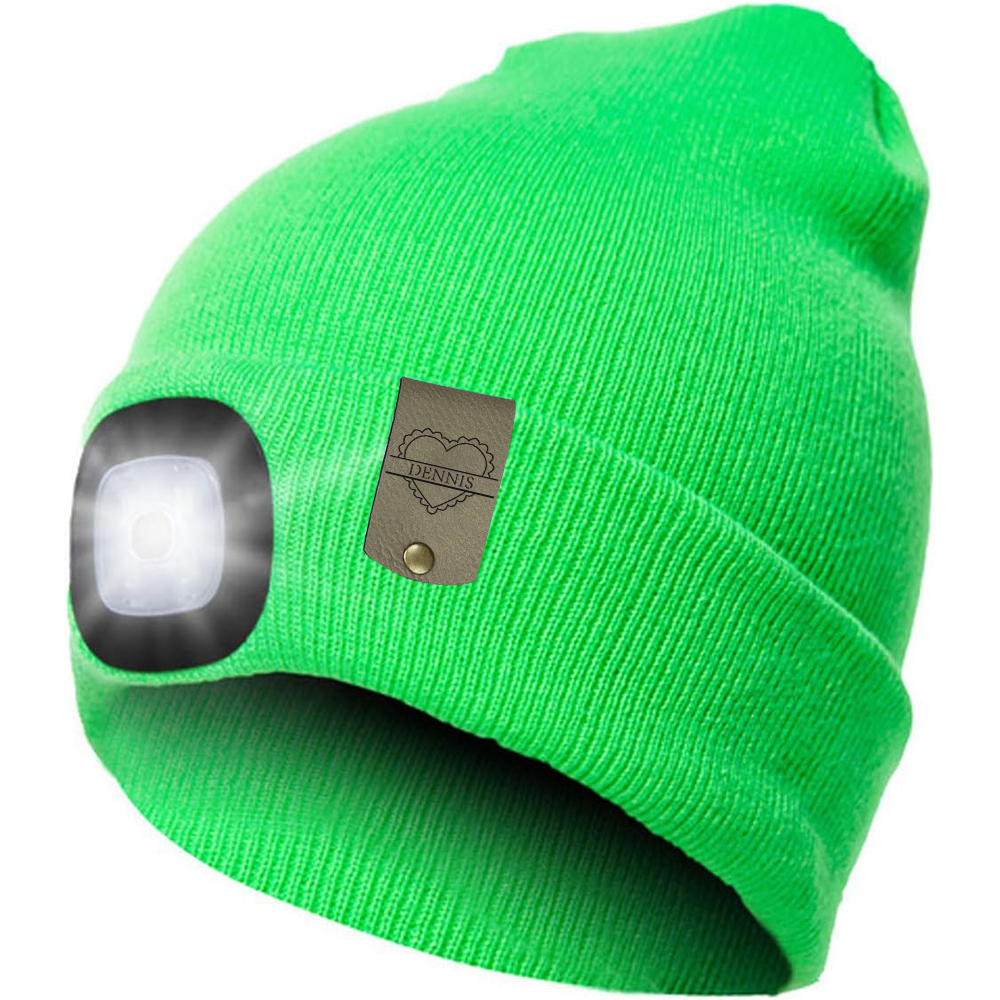 Personalized Kids Leather Tag Beanie with Headlamp | HSKid32