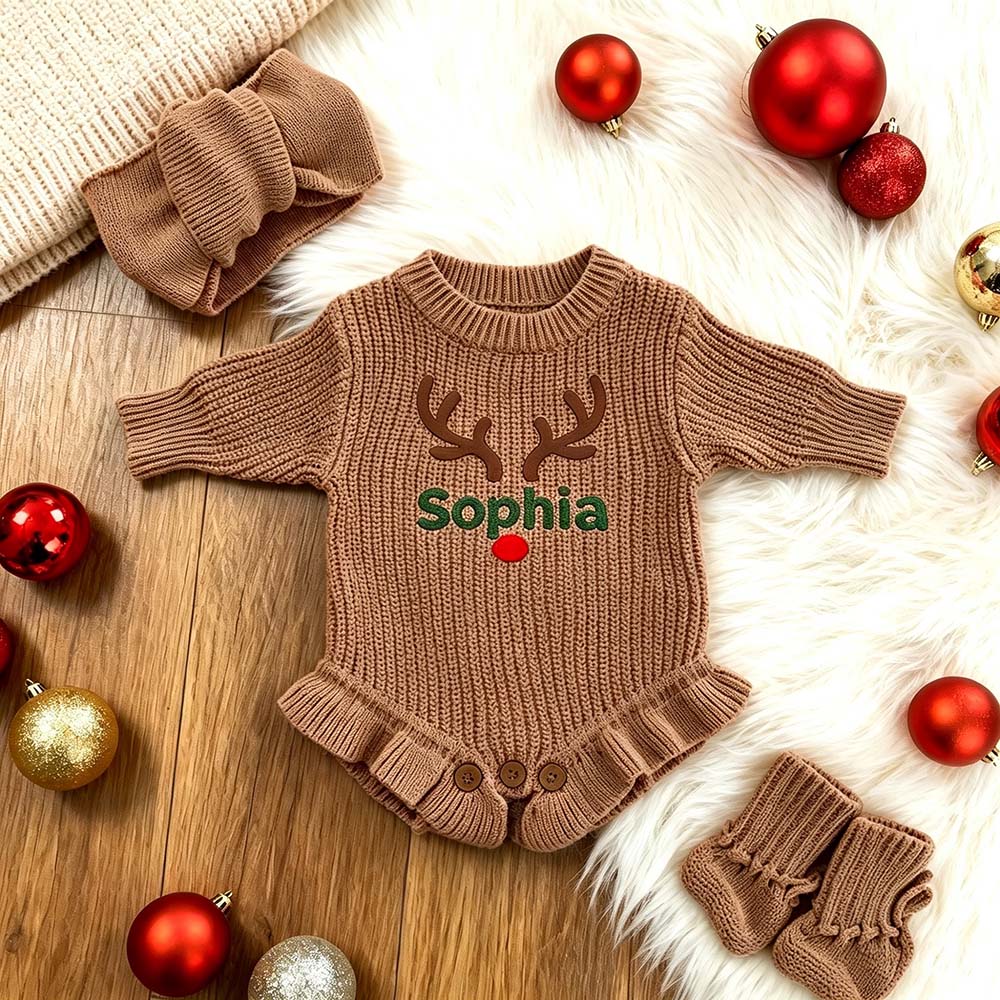 Personalized Embroidered Reindeer Baby Romper Set With Bow Headband & Socks | MCGift388