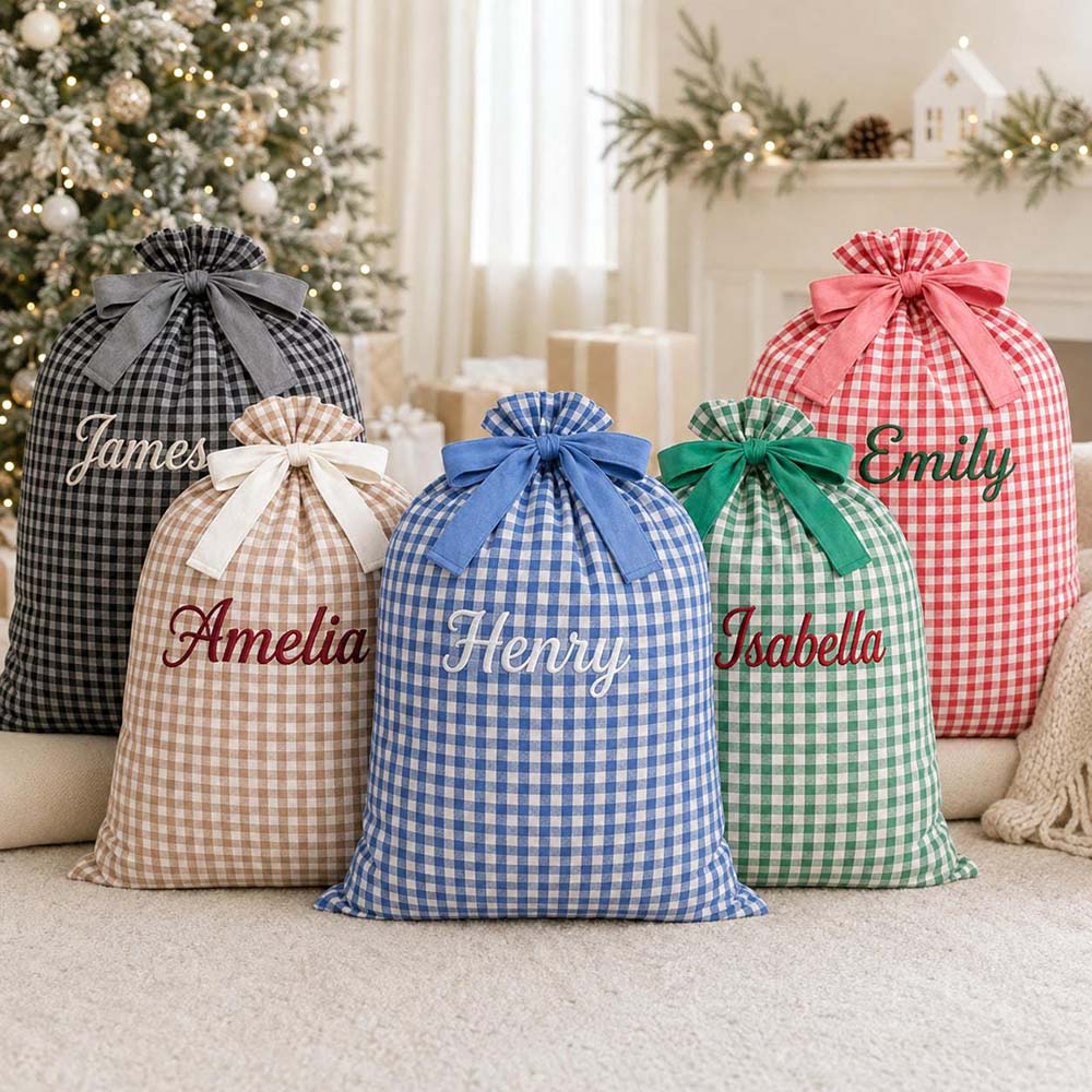 Personalized Embroidered Gingham Santa Gift Bag | MCGift391